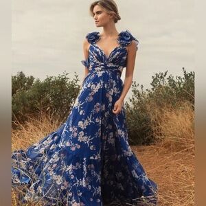 Mac Duggal Blue Ruffle Tiered Floral Cut-Out Chiffon Gown Formal Maxi Size 14